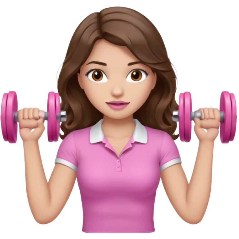 girl with wavy long brown hair, brown eyes, light to medium complexion, long lashes, light pink lipstick, wearing light pink shirt, lifting a pink dumbell weight emoji
