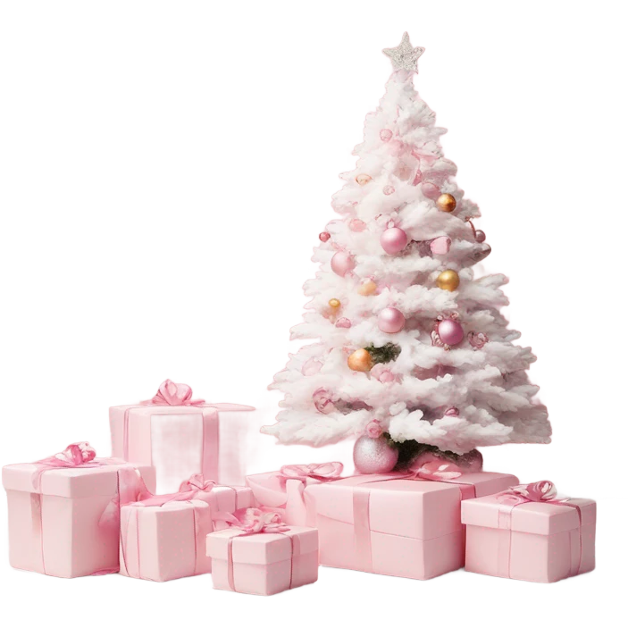 Light pink Christmas gifts under a white Christmas tree  emoji