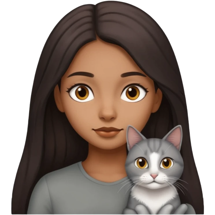 Brown girl with long dark hair with a grey cat emoji