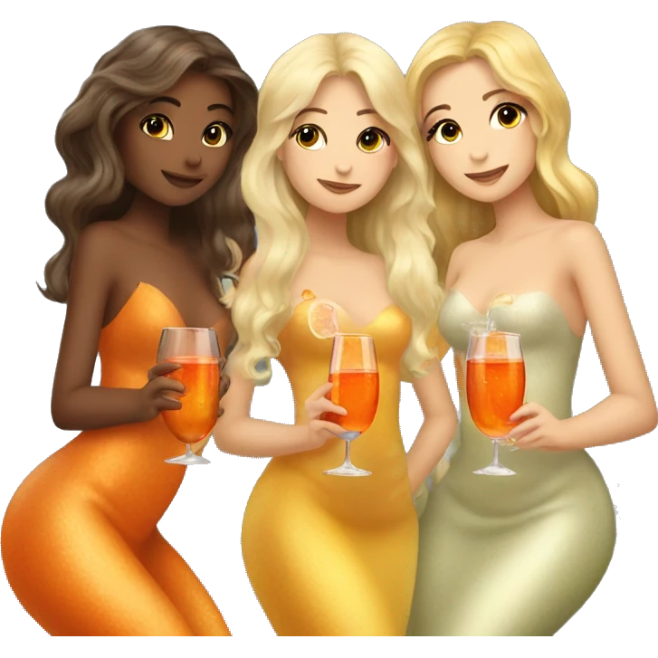 Three beautiful mermaids (two brown hair and blond one) drinking aperol emoji