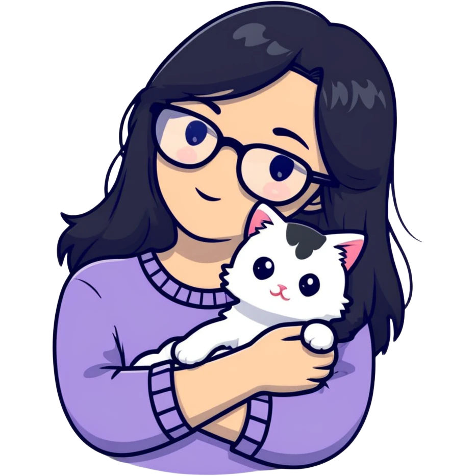 Girl with long black hair and glasses holding a white kitten emoji