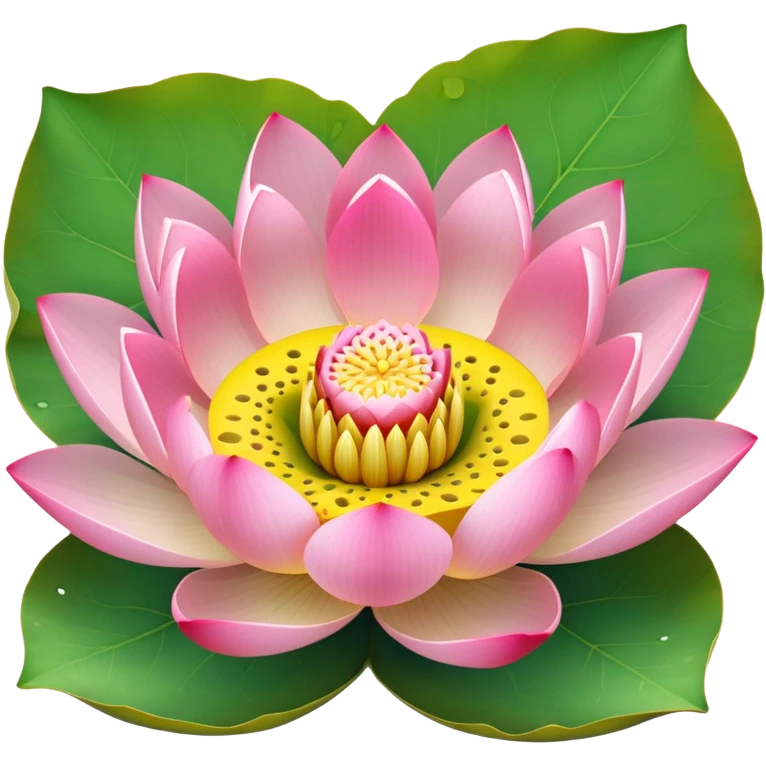 Simple pink lotus flower with accurate yellow seedpod center with distinct holes for seeds, surrounded by pink petals and characteristic notched lotus leaf emoji