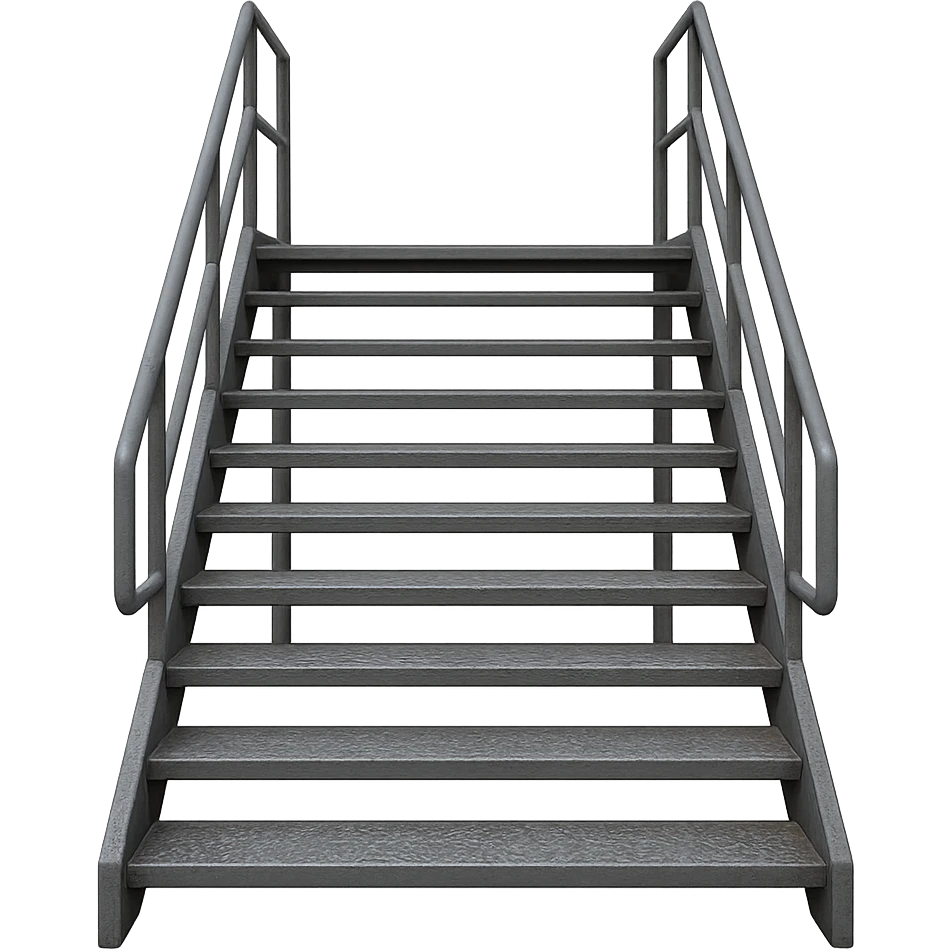 front view of a straight outdoor metal staircase, 10 steps, with railings on both sides emoji