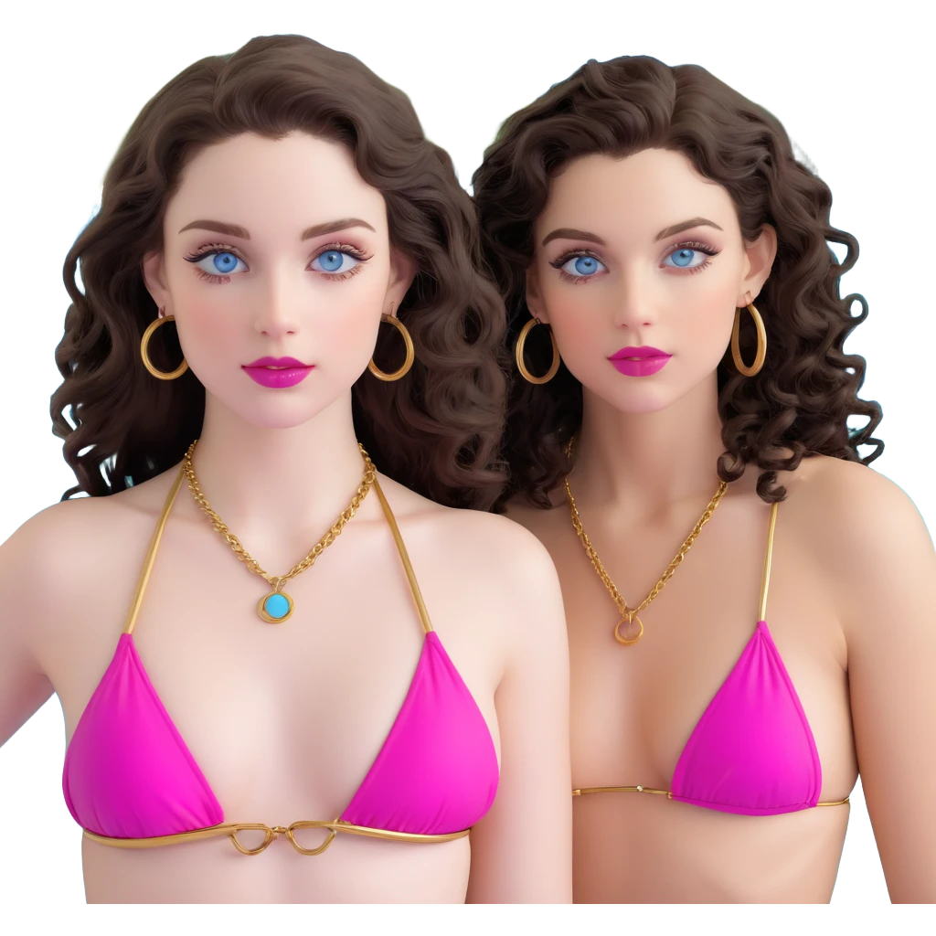 attractive couple on sunny beach, ocean background, woman with big blue-grey eyes, long lashes, pale skin, pink lips, long voluminous dark brown curls, gold hoop earrings, tiniest string bikini, next to handsome man with intense blue-grey eyes, chiseled features, pale skin, confident smirk, dark brown styled hair, gold chain, minimalist swimwear, both showing maximum skin, lounging on sand emoji