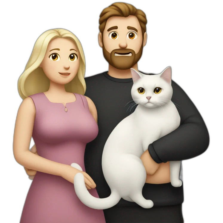 Family photo a fat husband with a beard is holding a white cat and wife with straight hair is holding a black cat emoji