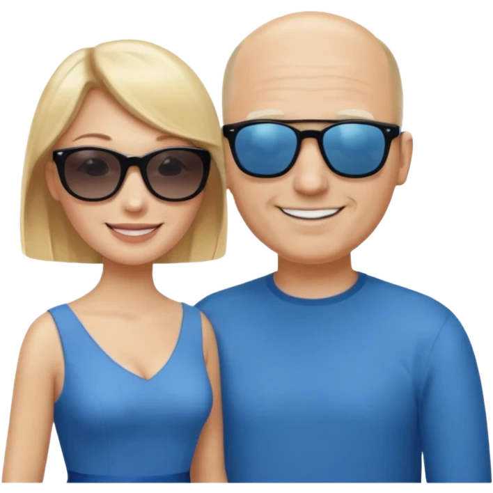 White woman with blonde hair wearing sunglasses and a blue dress, standing next to a tall bald white man emoji