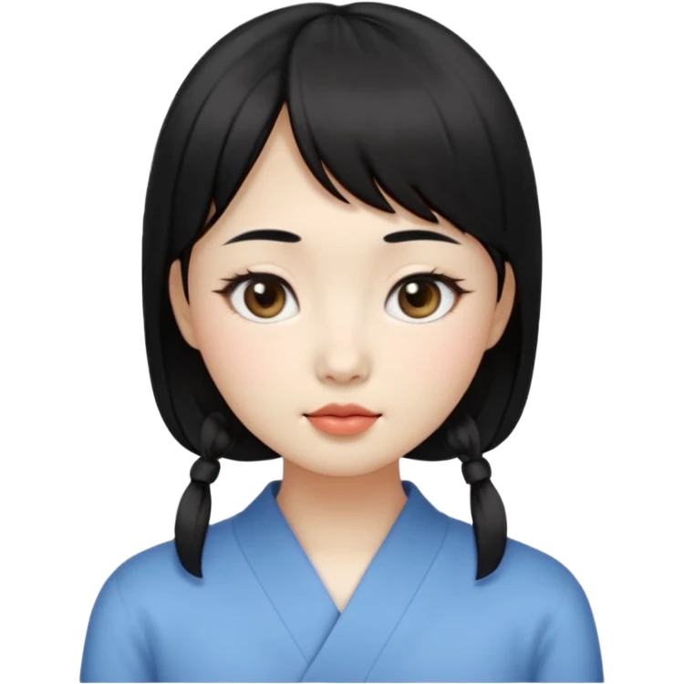 Clean Korean illustration-style emoji portrait of a young Korean woman, front-facing.
Smooth porcelain skin, soft shading, large round eyes, calm neutral expression.
Straight black bangs, black hair tied back, small nose and lips.
Round oval face, soft jawline.

 emoji