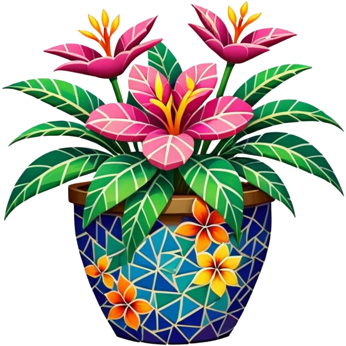 a tropical flower plant in a mosaic multicolored pot emoji