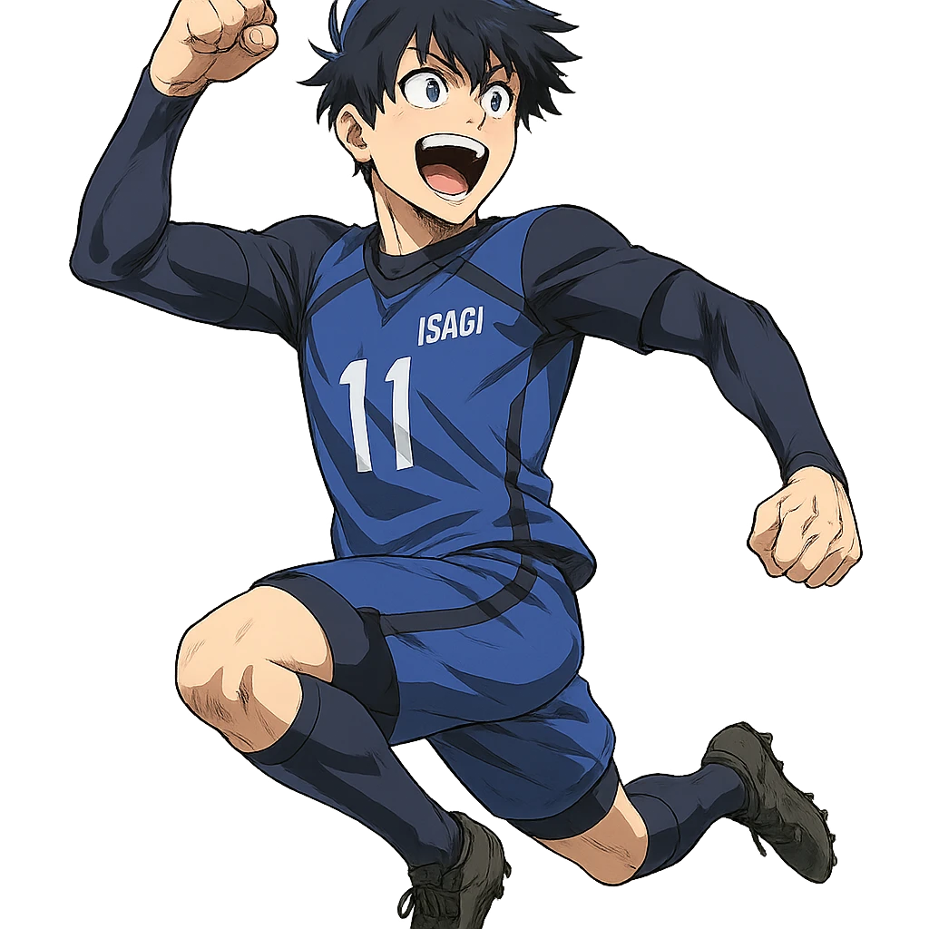 Isagi Yoichi, celebrating a goal, dynamic action, anime style emoji