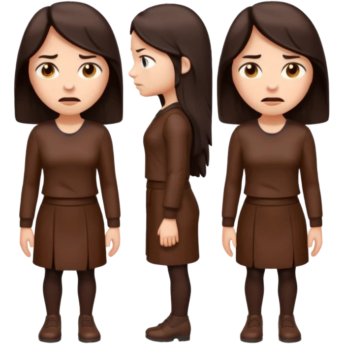 =Cartoon emoji of a woman with long, loose dark hair, wearing chocolate-colored clothes. Full-height, standing, nervous, unsure, worried expression. Slightly hunched, anxious posture. Smooth, simple, stylized emoji