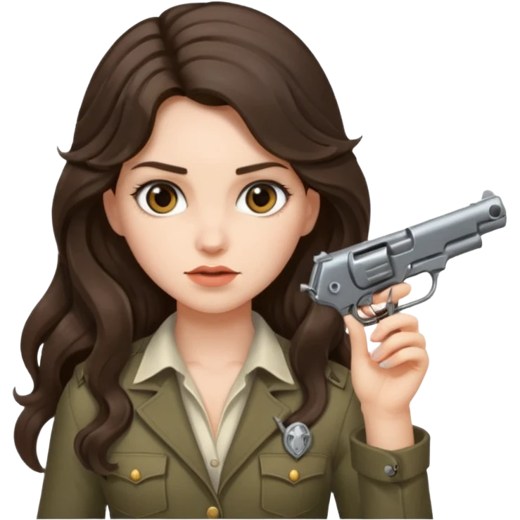 A brunette with long wavy hair girl who is about to kill herself with a littlr gun pointed at her temple emoji