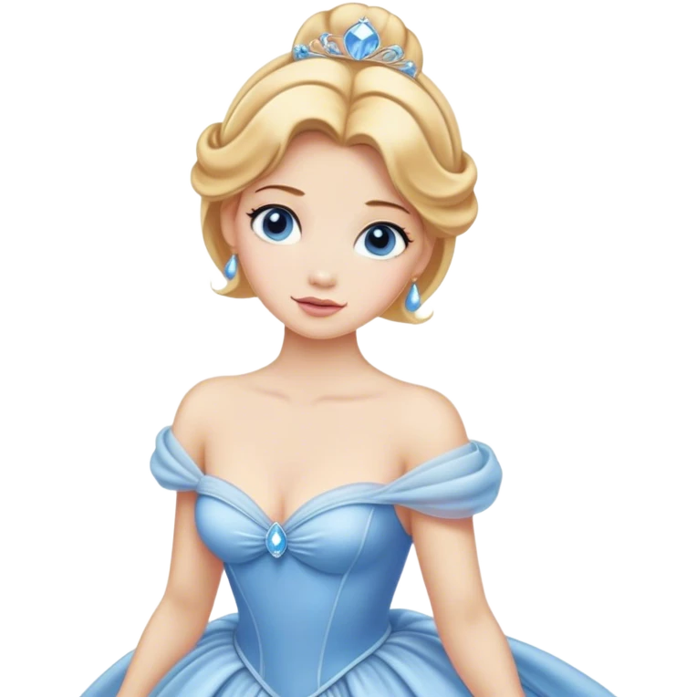 Cinematic Realistic Cute Cinderella Portrait, featuring fair, luminous skin with finely detailed texture and softly lit golden-blonde hair cascading in gentle waves. Her warm, inviting blue eyes sparkle with youthful charm and curiosity, while her classic, elegantly draped ball gown reveals meticulously rendered fabric details and natural folds. The overall composition is bathed in a gentle, realistic radiance that exudes both playfulness and heartfelt beauty. emoji
