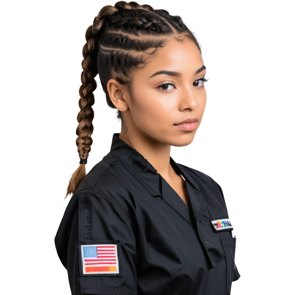 A 40-year-old Latina woman with light brown skin, working as a car mechanic, wearing all black mechanic scrubs, with two braids pulled back from her head emoji