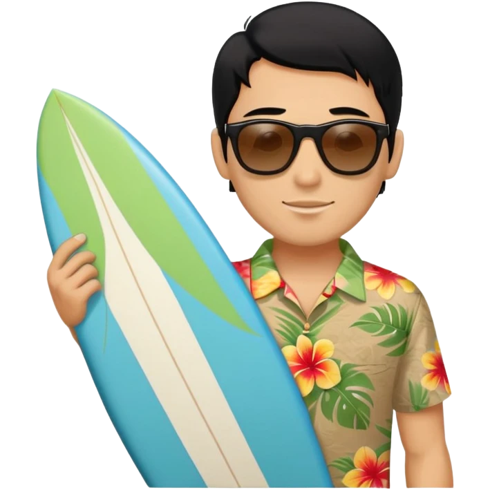 black hair surfer with Hawaii shirt wearing sunglasses emoji