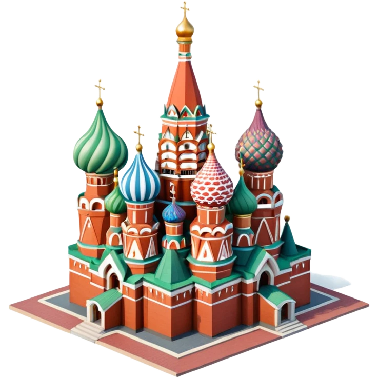 Isometric illustration of Moscow, featuring photorealistic Saint Basil's Cathedral with colorful onion domes, hand-drawn painterly details, subtle texture on bricks and roofs, realistic shadows and soft lighting, muted yet vivid color palette, diorama miniature effect. emoji
