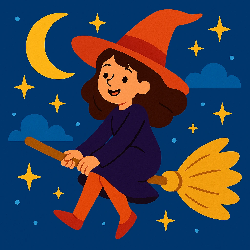 brunette girl witch, flying on a broomstick, night sky background, whimsical style emoji