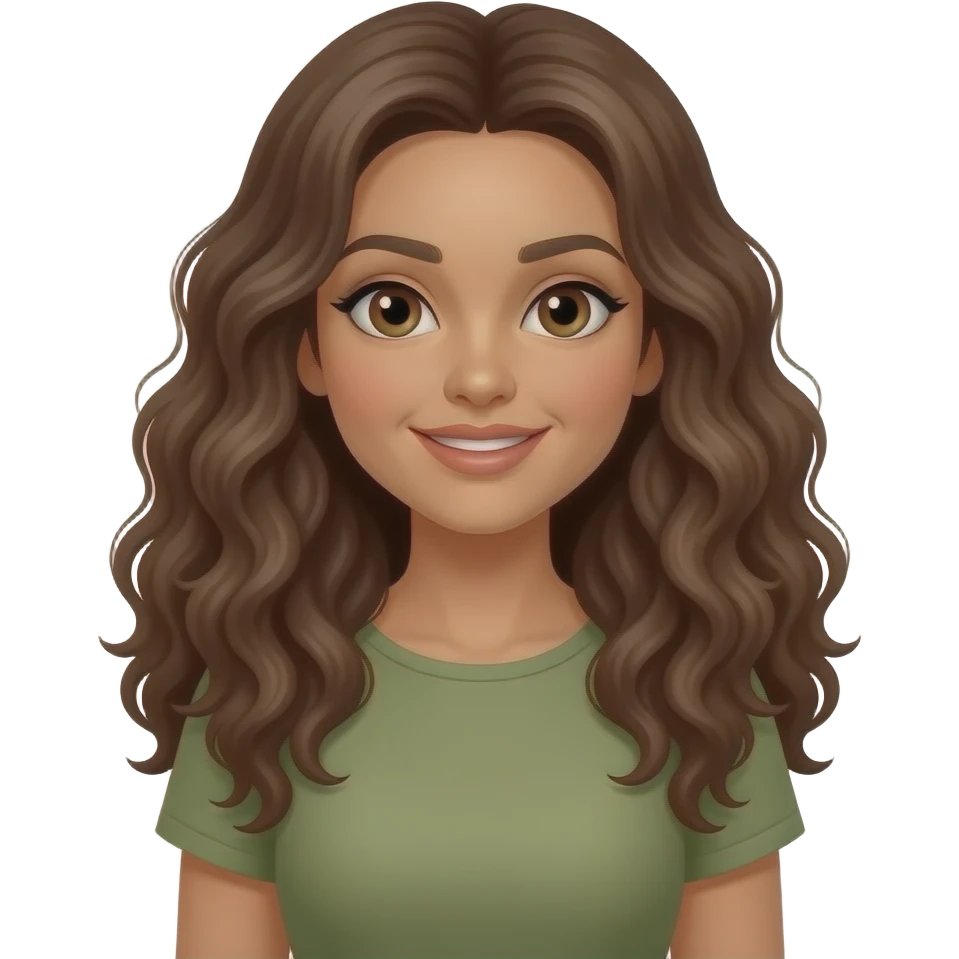 femme, bronzée, cheveux longs bruns bouclés, yeux marron, en robe vert kaki emoji