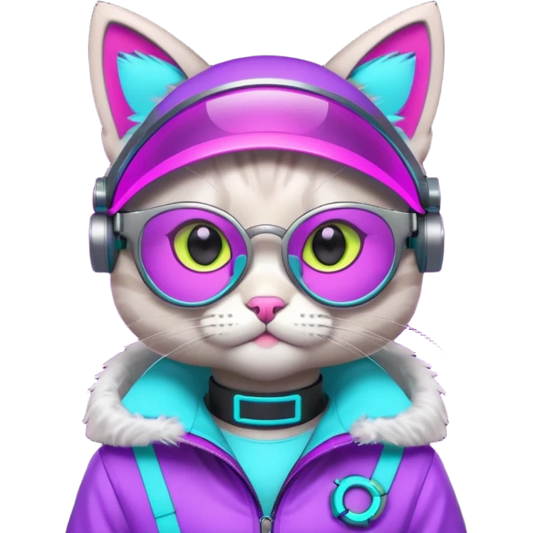 cute cyberpunk cat, neon visor glasses, tech jacket, glowing collar, purple and cyan neon accents, 3D cartoon, mobile game icon style, clean background, no text, no watermark
 emoji