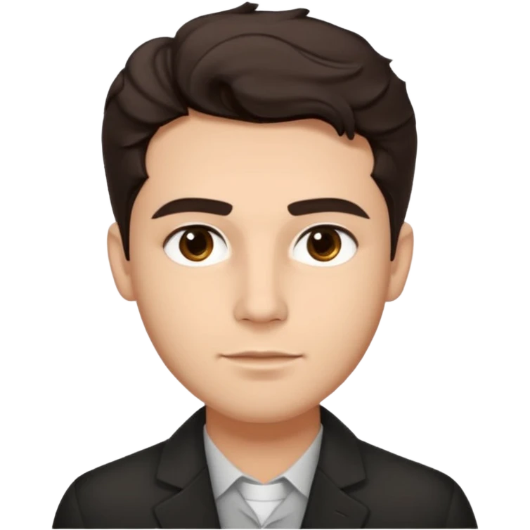 He’s a man with light to medium skin, a defined oval face, full brows, deep-set eyes, and wavy short dark brown hair styled with height, sides are trimmed. expression calm and focused relaxed black open-collar .polished, articulate, and coach vibe. emoji