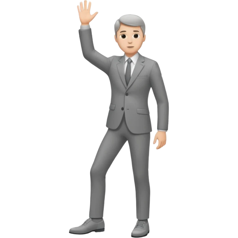 white man in a gray suit and shoes, one hand raised emoji