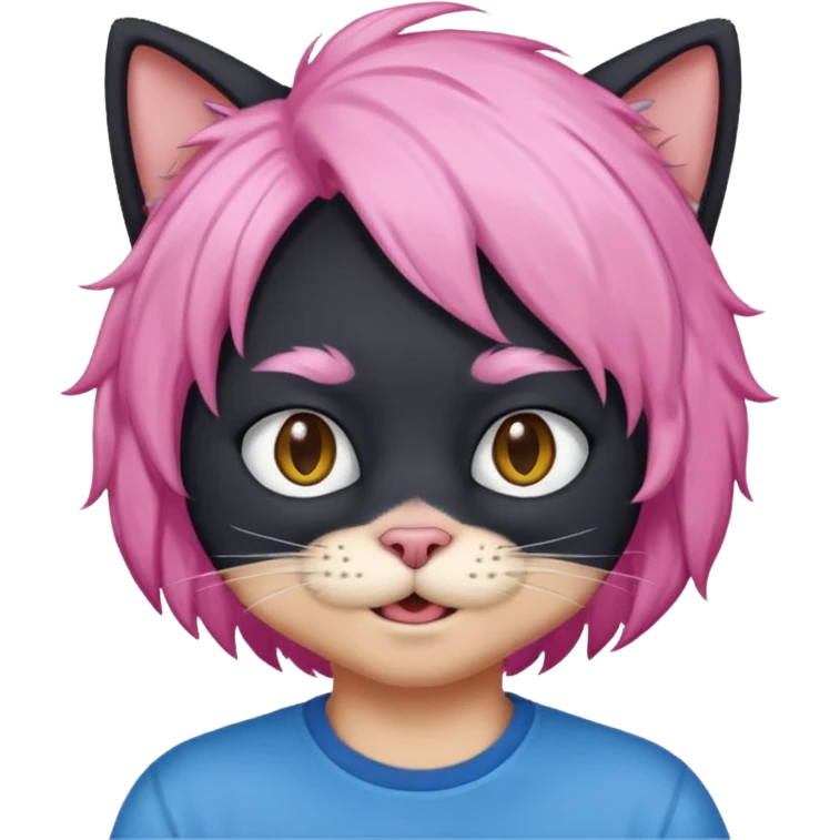Black cat wearing a male pink hair wig, blue T-shirt emoji