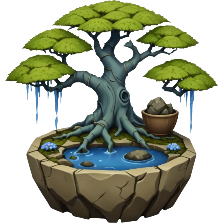 Bare haunted Alien landscape mudman very old broken cracked intricate Stone Age rocky-crusted irregular dodecagon-shaped shallow dark moss rough bark blue weeping willow flowered maple tree bonsai pot emoji
