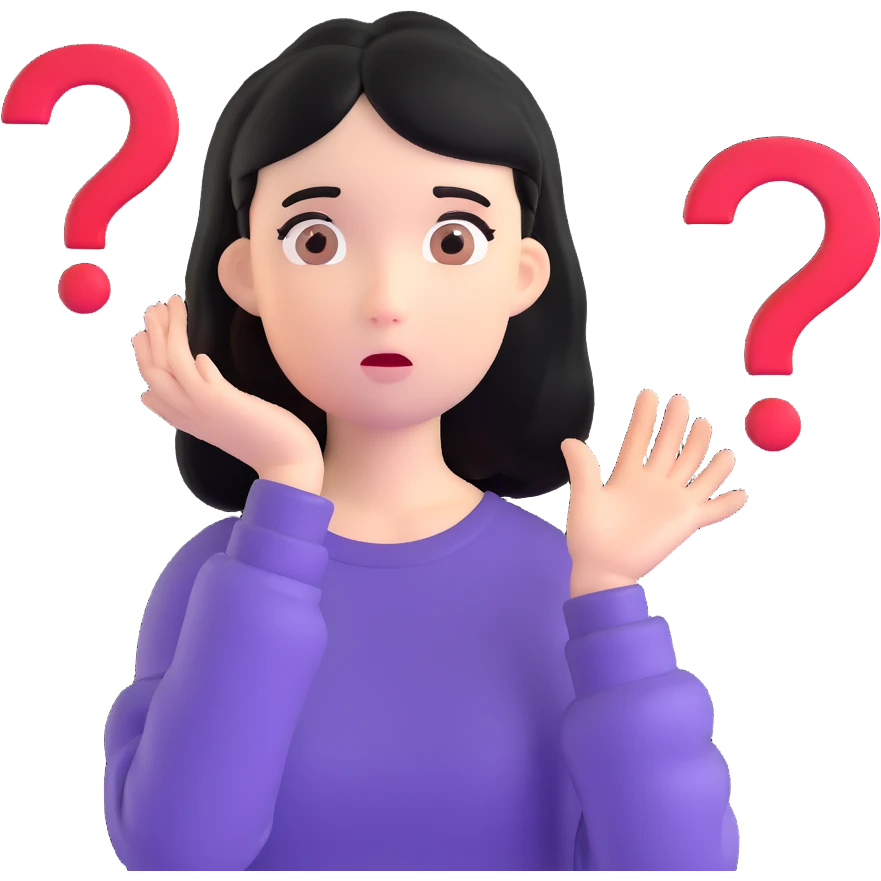 black-haired girl with a confused face, large question marks beside her emoji