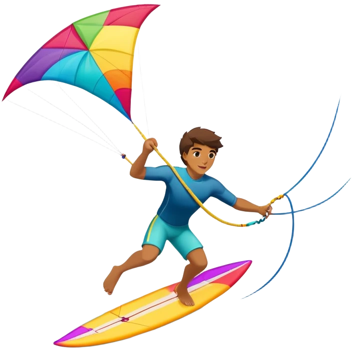 The scene captures the energy and freedom of the sport, with the sun shining and the ocean's waves splashing around. A kite surfer gliding across the ocean, with a colorful kite soaring high in the sky and the surfer carving through the waves.  emoji