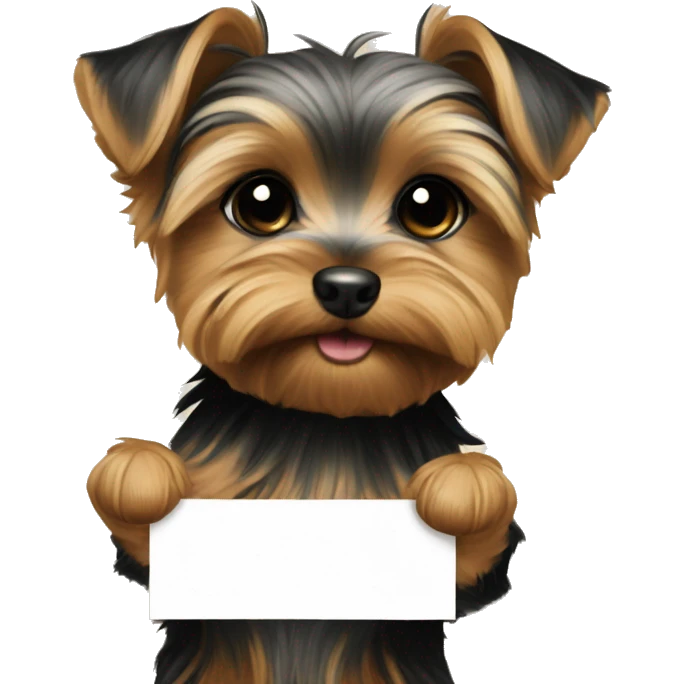 yorkie puppy, holding a poster wi emoji
