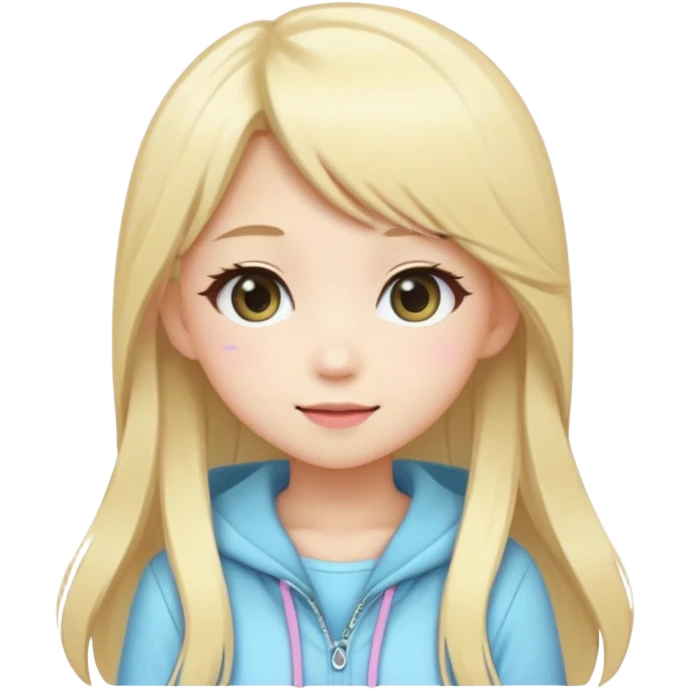 Cute kawaii emoji-style Japanese K-pop girl, blonde long hair , trendy K-pop outfit with Japanese cute fashion vibes, big sparkling eyes, chibi proportions, clean lineart, pastel colors, cheerful idol smile, sticker/emoji style, transparent background emoji