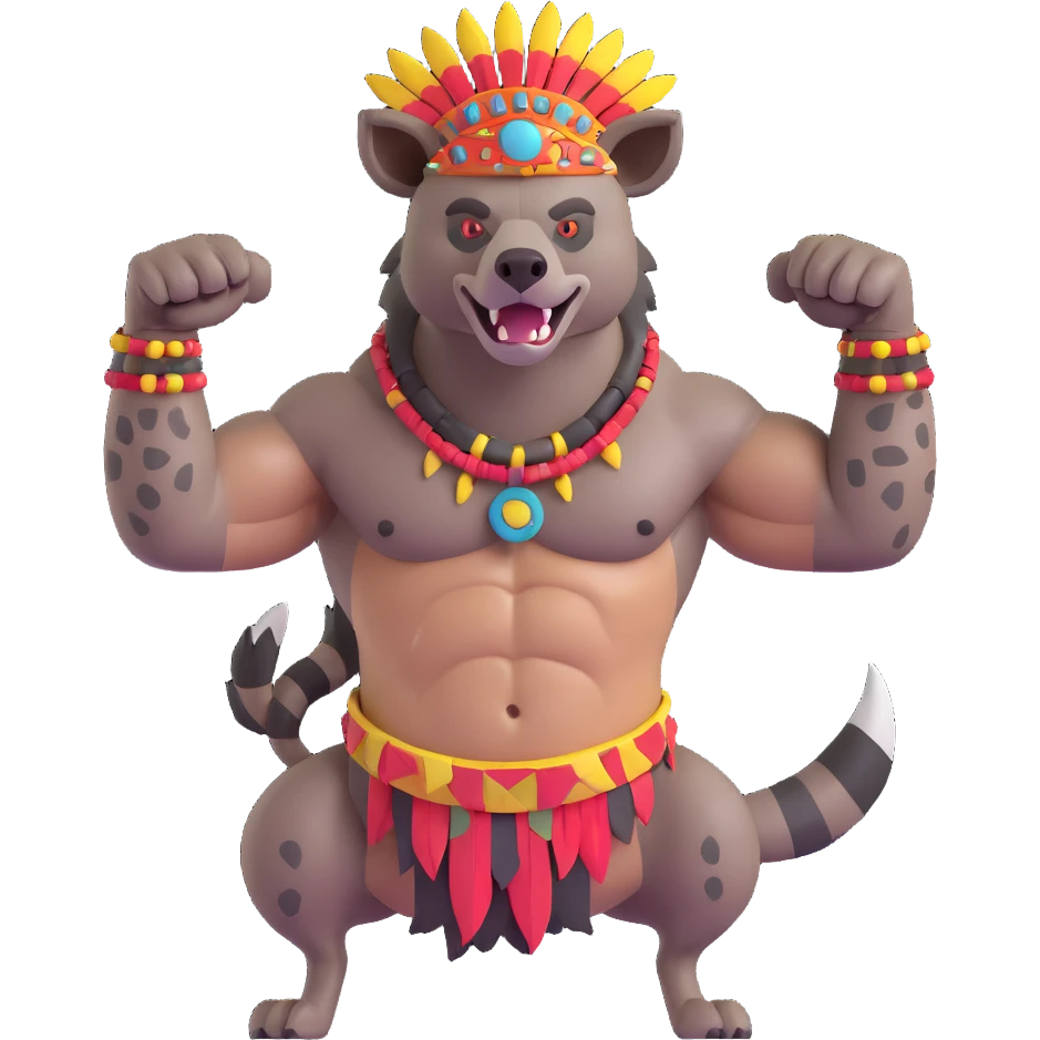 A native strong buff hyena with war bonnet flexing posing  emoji