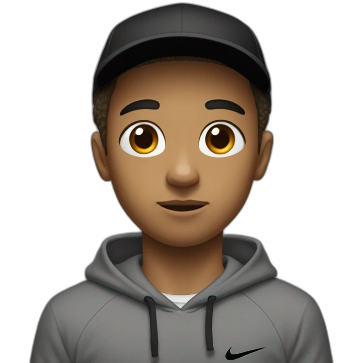 light brown boy with hair until his ears wearing a black nike cap and nike hoodie and black pants medium eye opening trying to think emoji