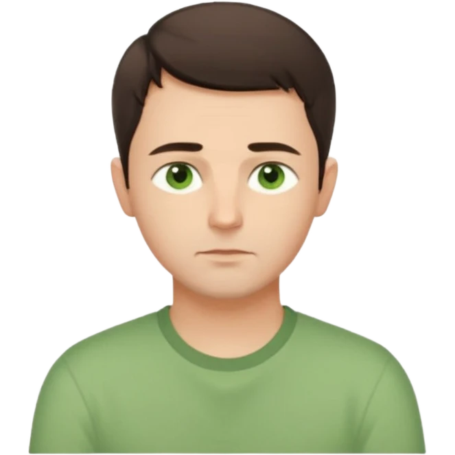 Gentle man, European facial features, short dark brown hair, green eyes, light green shirt. Seated calmly, gazing thoughtfully. Soft light, subtle fern. Waist-up, profile. emoji