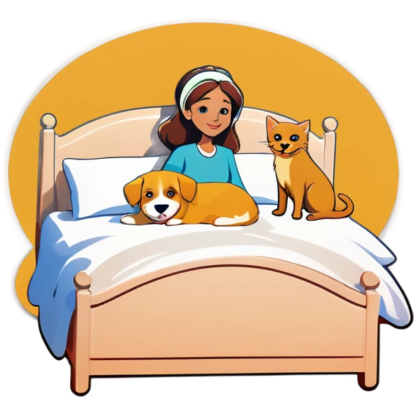 Woman in bed with two cats and a golden retriever emoji