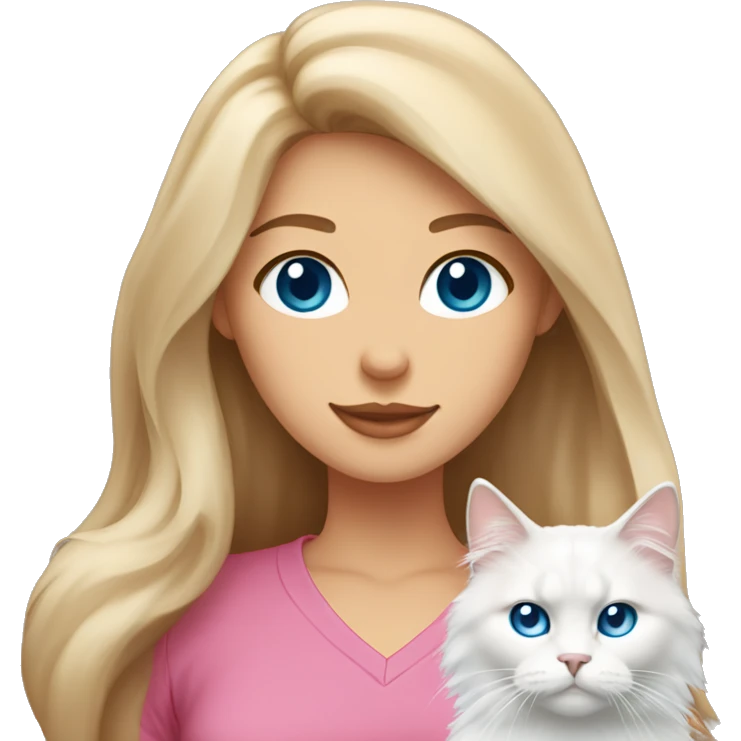 woman with long brown hair and pink shirt and holding a all white Siberian cat with blue eyes emoji