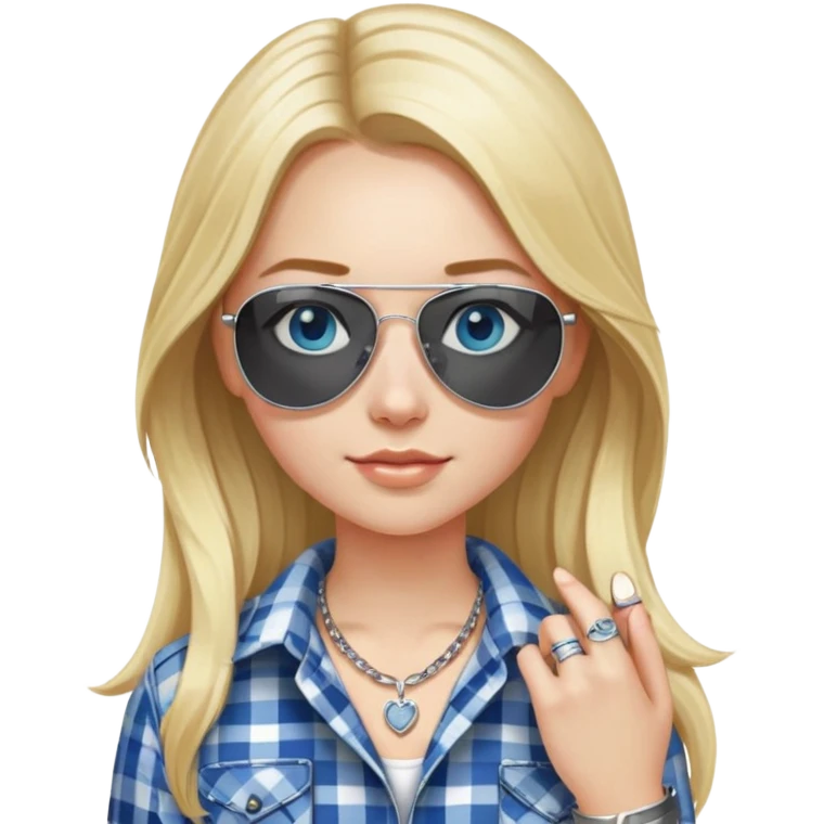 girl with long blond hair, wearing black and white plaid shirt with blue eyes and aviator sunglasses wearing a ring on her silver necklace emoji