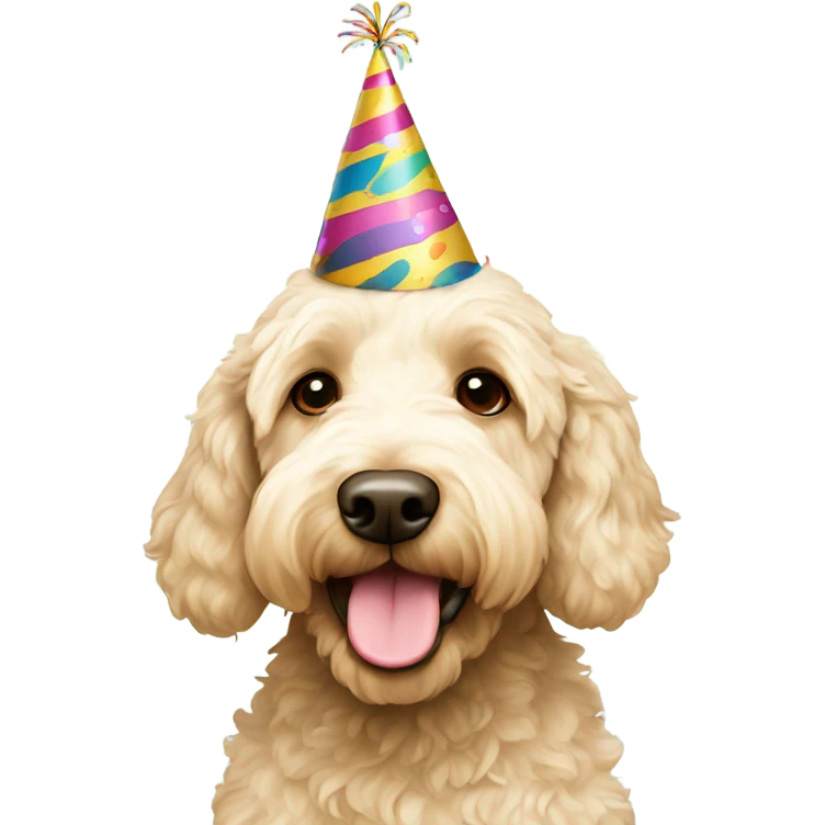 Cream labradoodle in birthday hat emoji