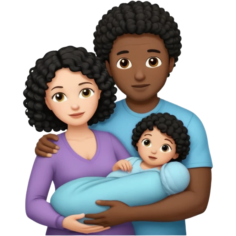 family: white woman curly black hair, black man with short black frizz hair, one 2 y o daughter , and a newborn in the and of the mother emoji