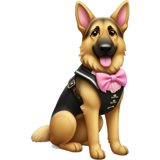 German Shepherd wearing lederhosen in and a little pink bow emoji