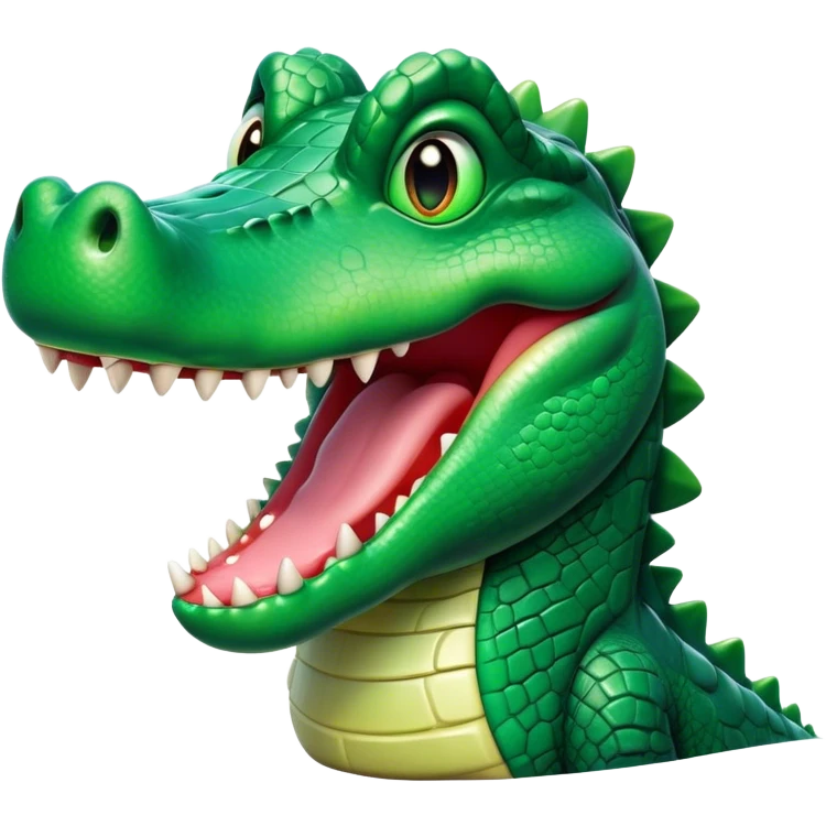 Cinematic Comical Crocodile Portrait Emoji, Head tilted dramatically with an exaggeratedly amused expression, featuring a striking, glossy emerald-green hide with bold textured scales and wide, expressive eyes filled with playful disbelief, Simplified yet hilariously expressive features, highly detailed, glowing with a slightly sassy glow, high shine, dramatic yet playful, stylized with an air of cheeky mischief, bright and endearing, soft glowing outline, capturing the essence of a spirited and over-the-top crocodile, so meme-worthy it feels like it could snap its jaws into internet fame instantly! emoji