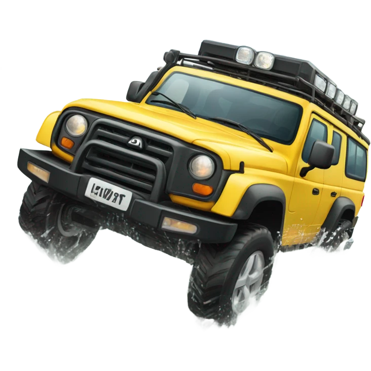 A four-wheel drive crossing a shallow river in a rainforest, with trees in the background and splashing water, representing versatility and strength. emoji