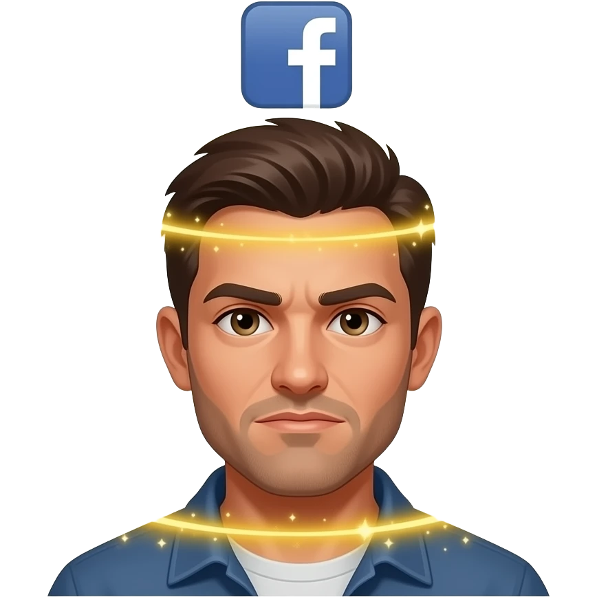 A informal man, glowing magical flow, a floating Facebook logo on the around, looking at viewer with serious. Text on below: 'What's your topic, Ms. ?'. Shimmering gold energy, flat vector style, sharp edges emoji