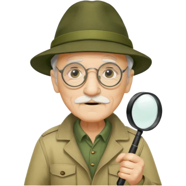 old man in beige moss green explorer outfit, wear black glass, hat, holding magnifying glass emoji