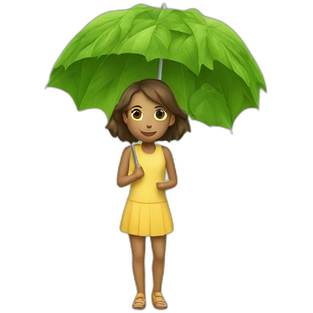 A girl, an umbrella made of leaves emoji