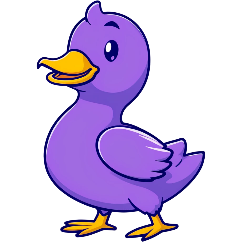 happy purple duck, simple 2D drawing, minimal detail, flat colors emoji