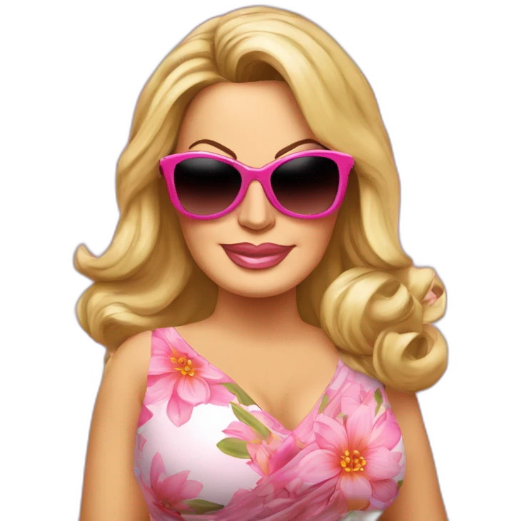 Jennifer Coolidge from tv show White Lotus. She is wearing a large vintage sunglasses. She has a pink head scarf and pink floral dress emoji