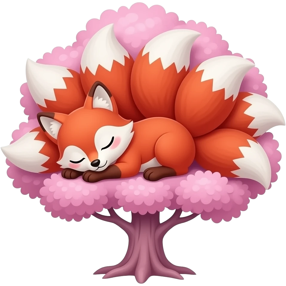 red and white nine tailed fox sleeping inside a pink tree emoji