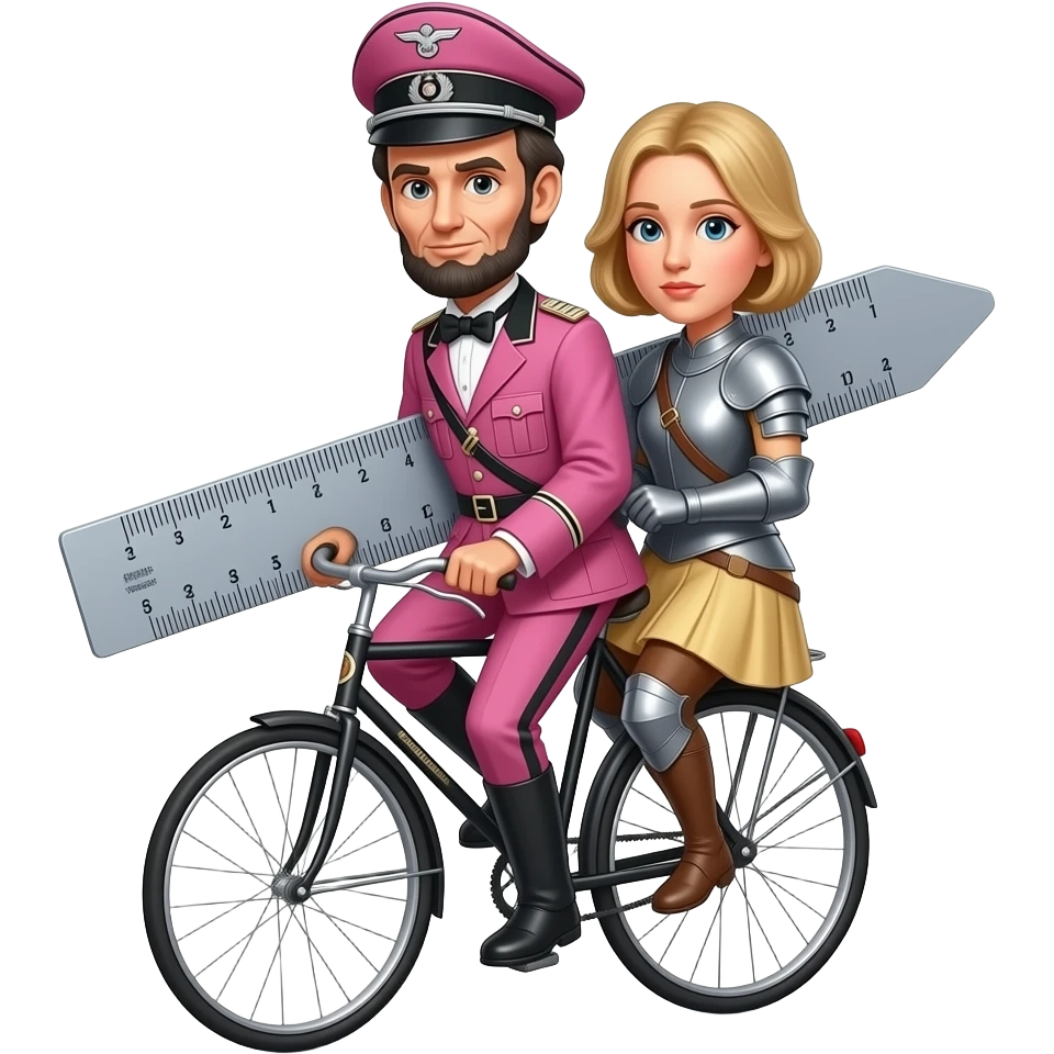 synthwave style - Abraham Lincoln in a pink German World War II uniform transports the thin and serious Joan of Arc on a vélocipède, Joan of Arc carries a huge school caliper in her hands emoji