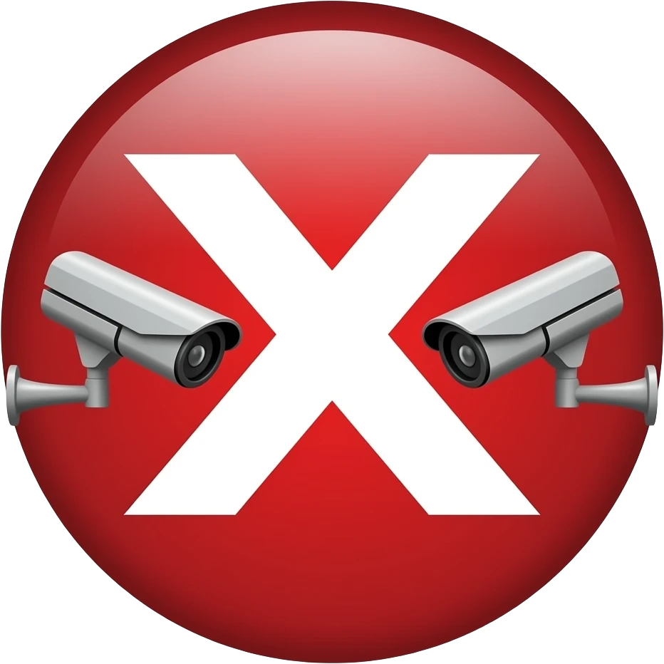 Red filled circle with white X, CCTV on end points of X emoji