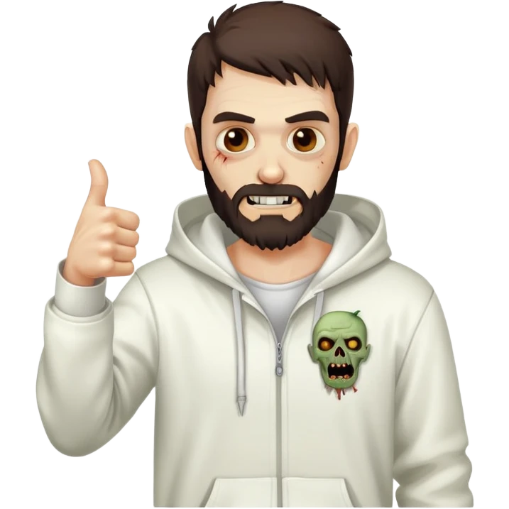 zombie with thumbs up gesture wearing white hoodie, with dark brown hair and short full beard emoji